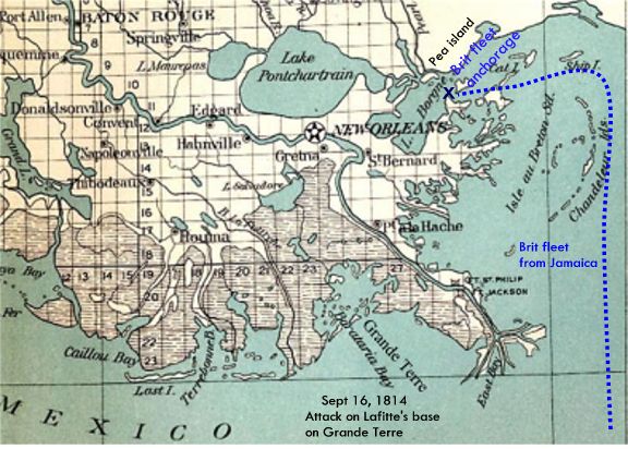 map of the area around New Orleans and the route of the British fleet